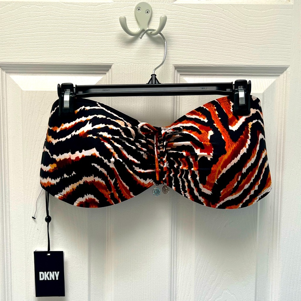 DKNY Striped Animal Print Ruched Bandeau Bikini Top Size XL